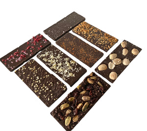 
                  
                    Load image into Gallery viewer, For our inclusion bars we are using a unique blend of 72% dark chocolate using fair trade cacao beans from parts of South America &amp;amp; the Caribbean. Bold cocoa flavor with a smooth finish.Flavors include,  Quinoa Toasted Coconut,  Roasted  Marcona Almond, Raspberry Rose, Lemon Ginger ,Peruvian Pink Salt ,Pistachio
                  
                